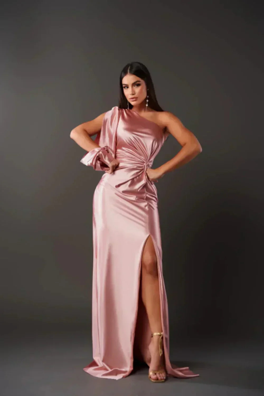 Iris | Draped One-Shoulder Maxi Dress with Front Slit - Pink