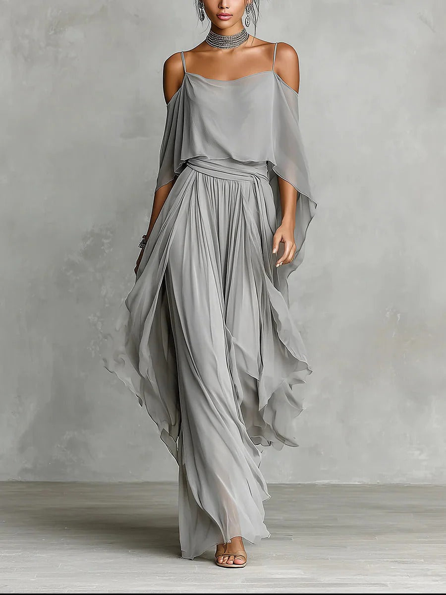 Eadith | Cold Shoulder Chiffon Draped Maxi Dress