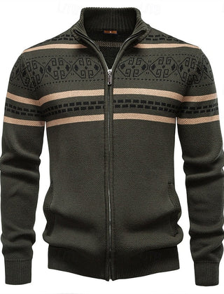 Alistair | Classic Fair Isle Cardigan with Stand Collar - Military Green