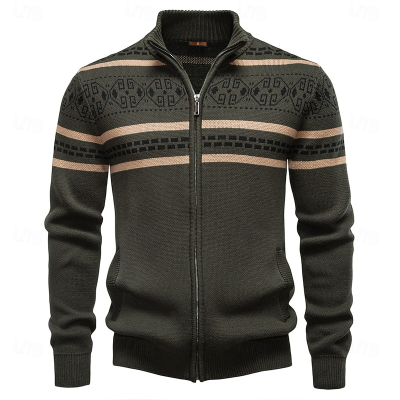 Alistair | Classic Fair Isle Cardigan with Stand Collar - Military Green