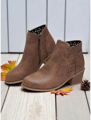 Tilly | Cutout Low Heel Ankle Boots with Side Zip - Brown