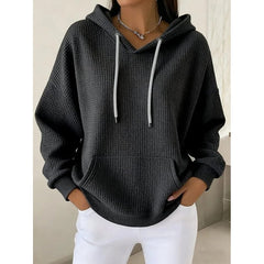 Poppy | Relaxed Waffle-Textured Hoodie with Drawstring Hood - Black