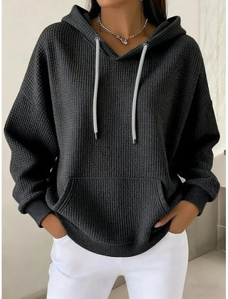 Poppy | Relaxed Waffle-Textured Hoodie with Drawstring Hood - Black