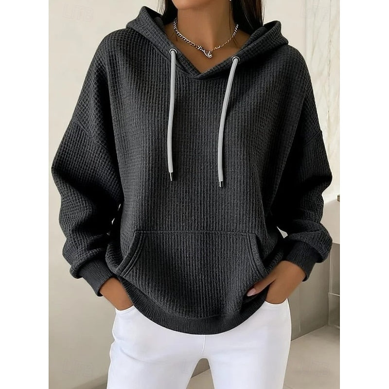 Poppy | Relaxed Waffle-Textured Hoodie with Drawstring Hood - Black