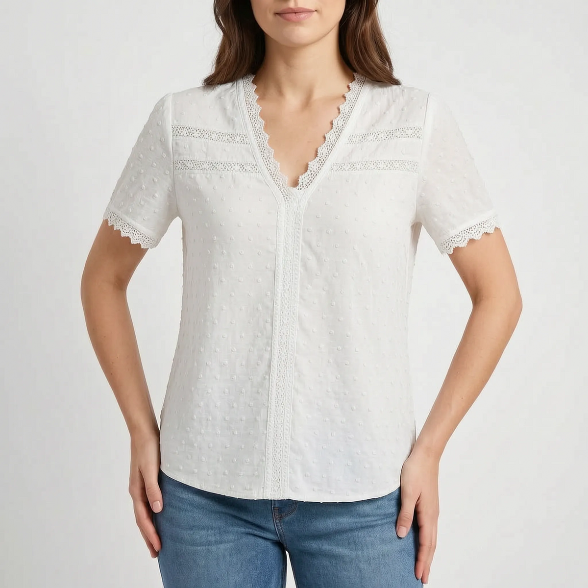 Lacetti | Textured V-Neck Short Sleeve Womens Blouse