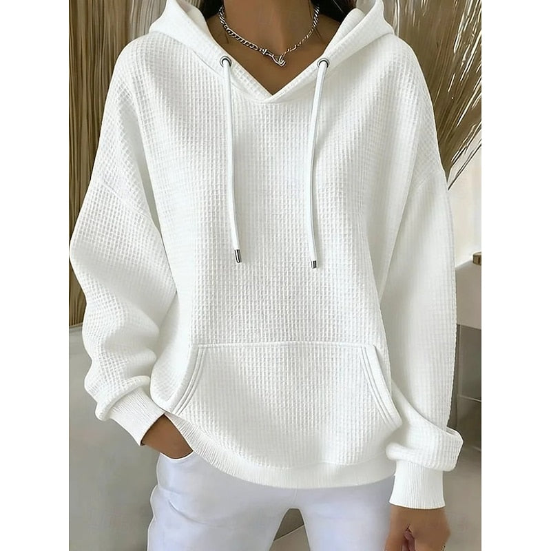Poppy | Relaxed Waffle-Textured Hoodie with Drawstring Hood - White