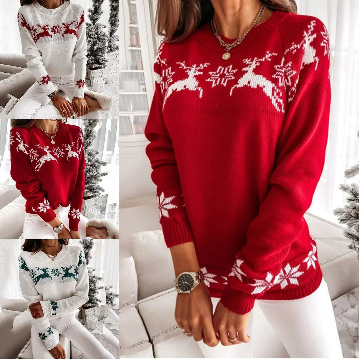 Natalie | Reindeer Christmas Jumper with Snowflake Trim