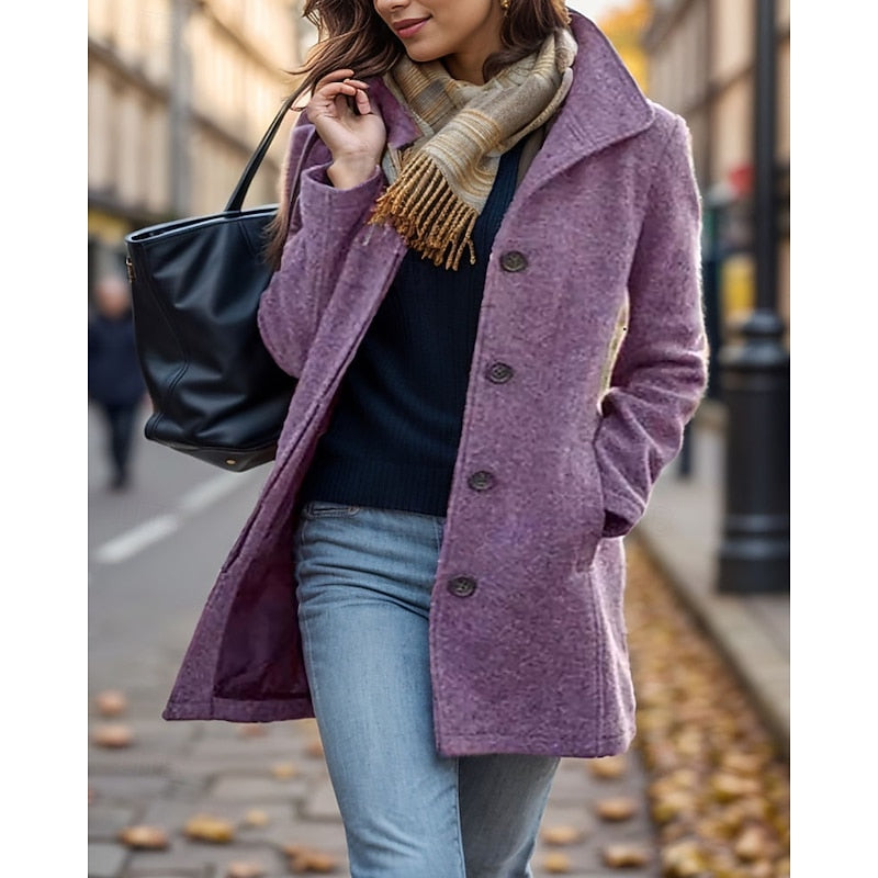 Evangeline | Tailored Button-Front Coat with Turndown Collar - Purple