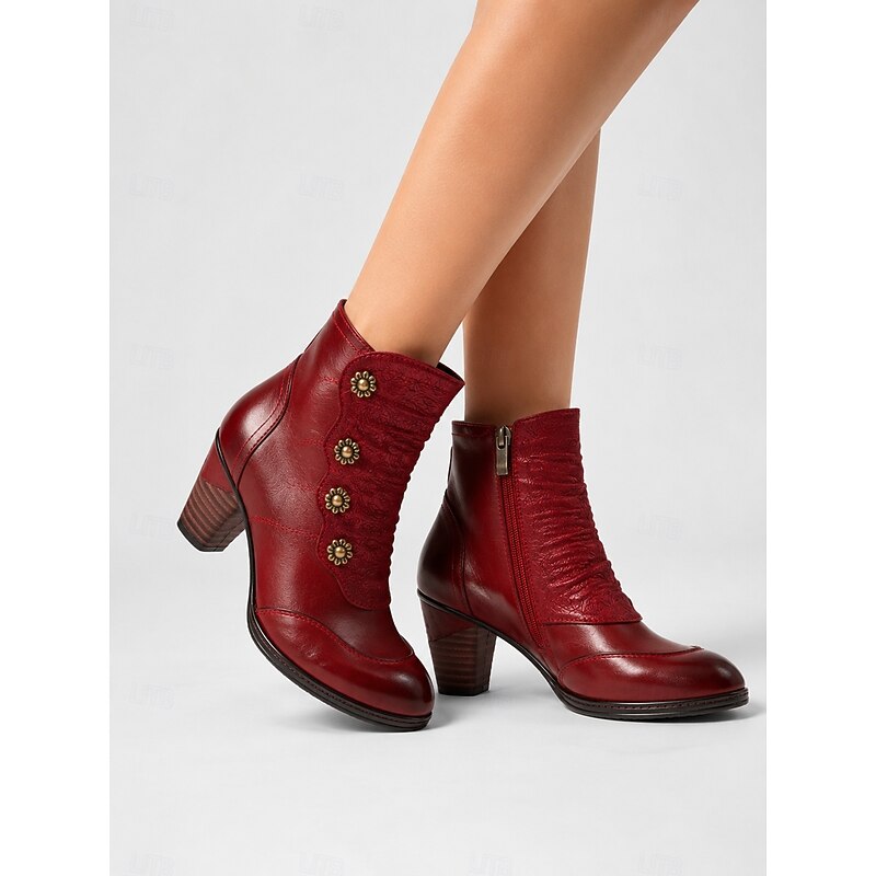 Wilhelmina | Ruched Block Heel Ankle Boots with Floral Buttons