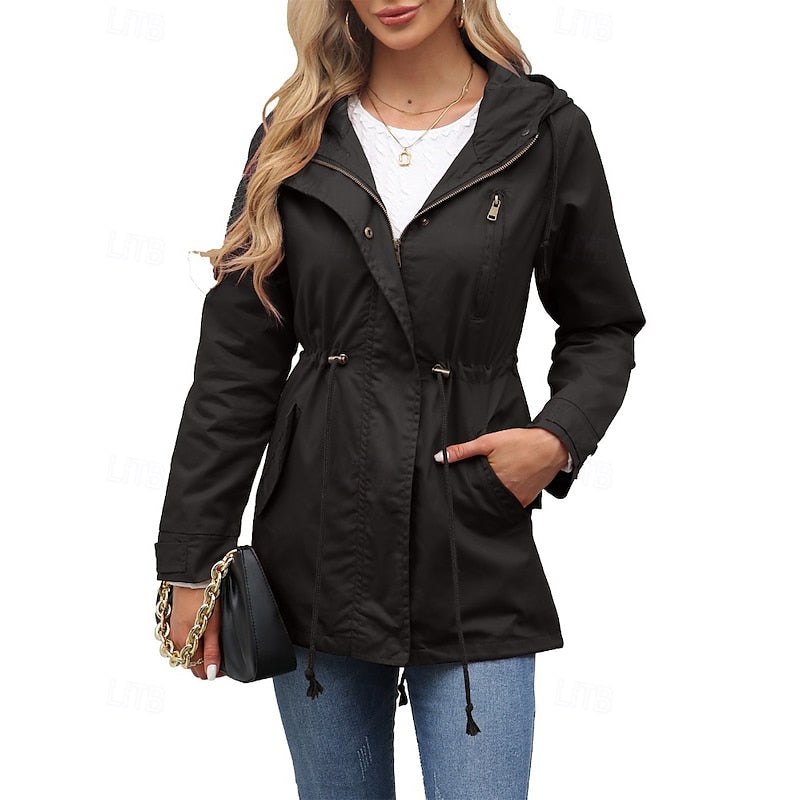 Gwendolyn | Hooded Utility Coat with Drawstring Waist - Black