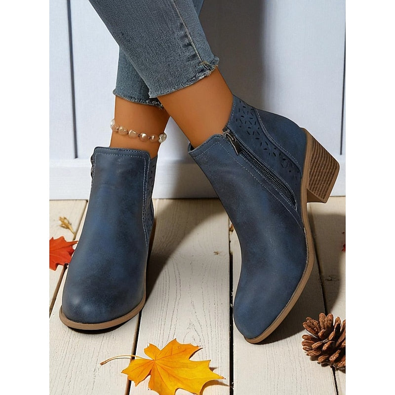 Martha | Perforated Ankle Boots with Stacked Block Heel