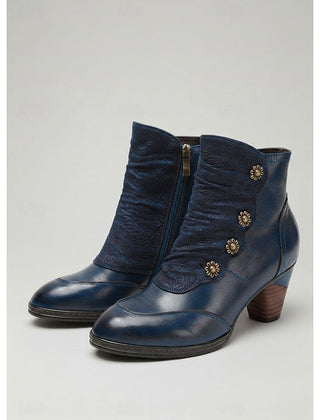 Wilhelmina | Ruched Block Heel Ankle Boots with Floral Buttons - Blue