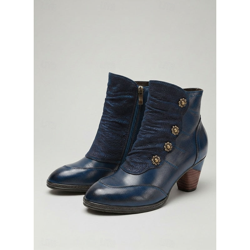 Wilhelmina | Ruched Block Heel Ankle Boots with Floral Buttons - Blue