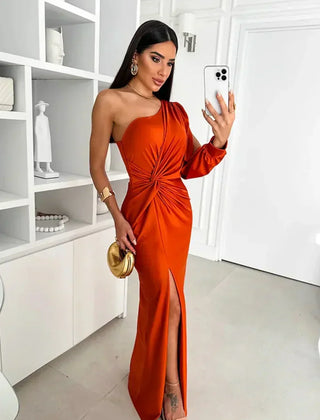 Iris | Draped One-Shoulder Maxi Dress with Front Slit - Orange