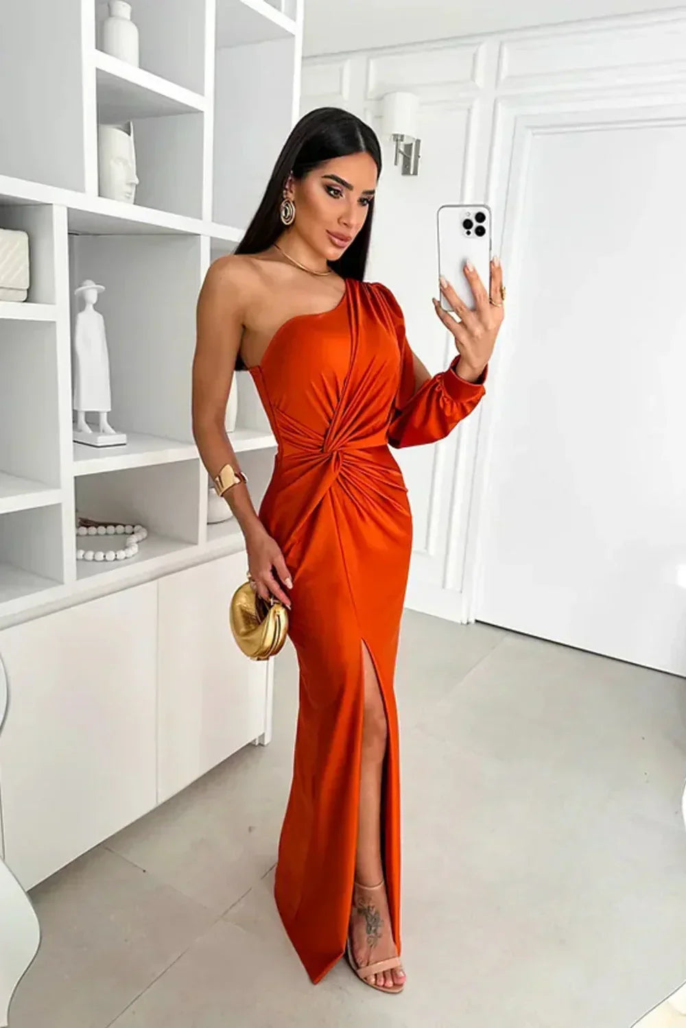 Iris | Draped One-Shoulder Maxi Dress with Front Slit - Orange