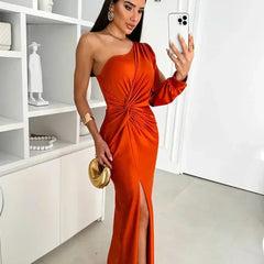 Octavia | One-Shoulder Maxi Dress with Knot Front and Leg Slit
