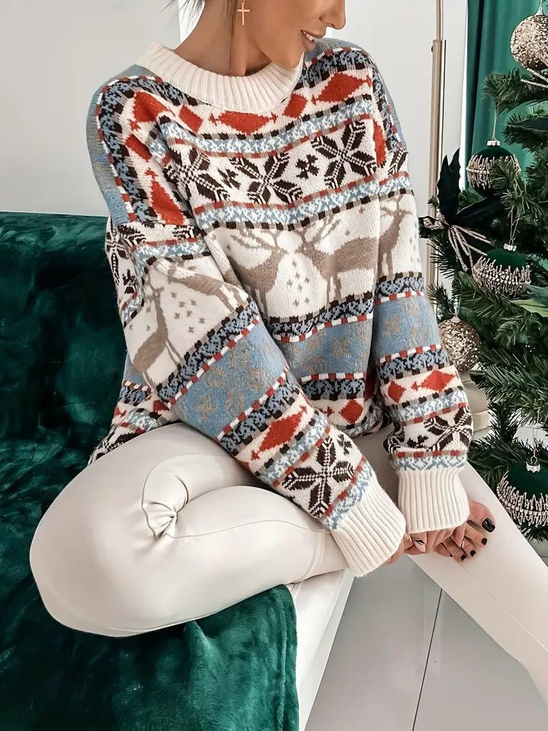 Abigail | Reindeer Christmas Jumper with Ribbed Crew Neck