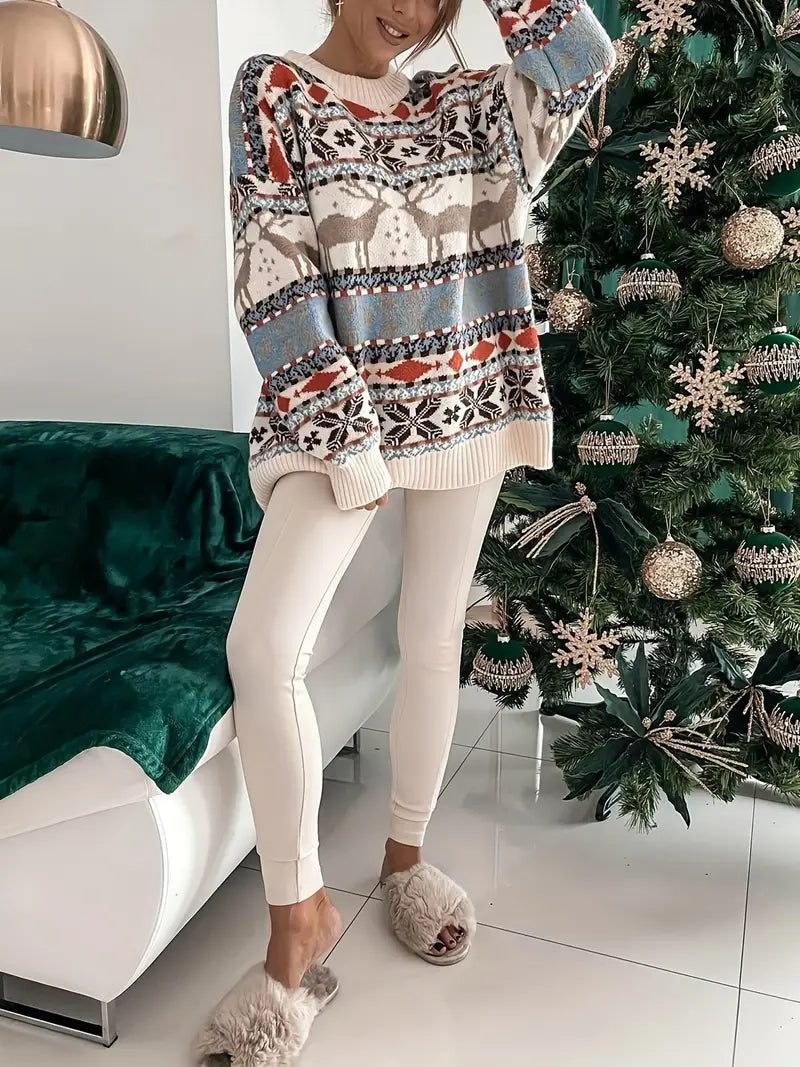Abigail | Reindeer Christmas Jumper with Ribbed Crew Neck