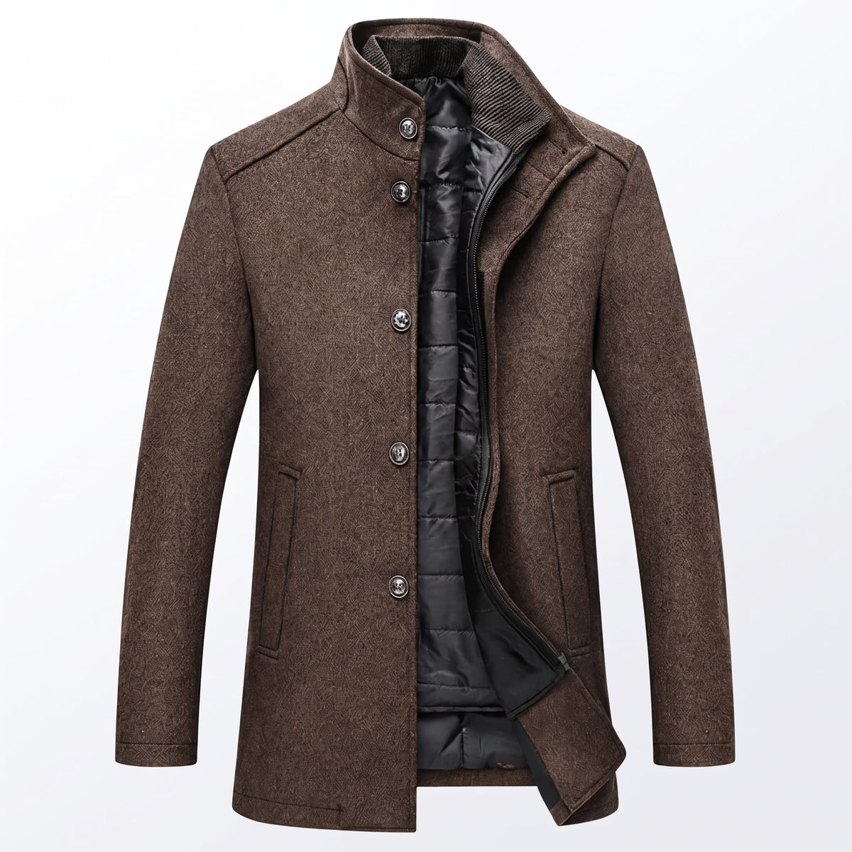 Longline Layered Overcoat with Detachable Quilted Vest in Brown