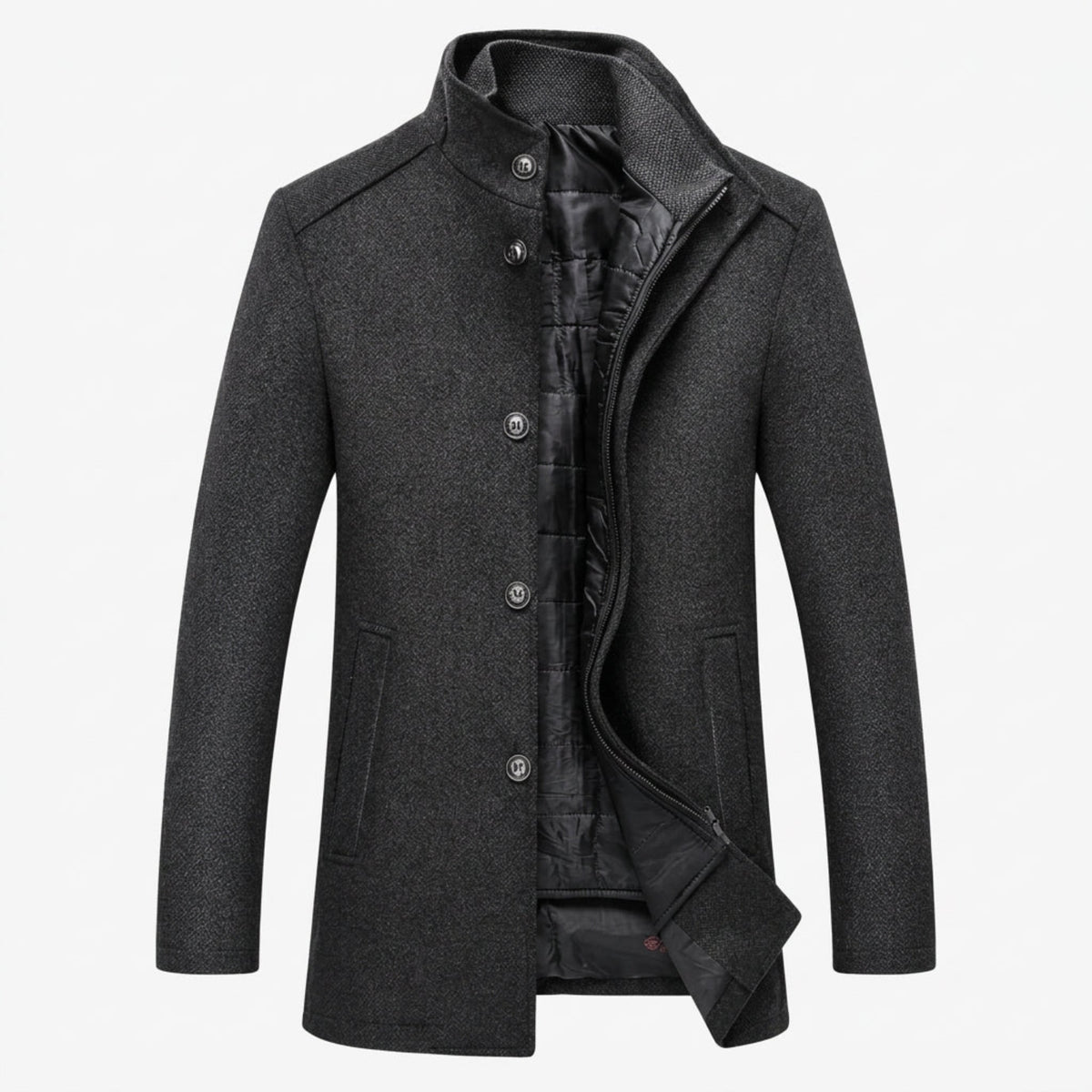 Longline Layered Overcoat with Detachable Quilted Vest in Dark Grey