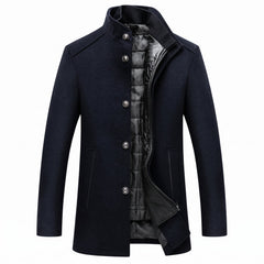 Longline Layered Overcoat with Detachable Quilted Vest in Dark Blue