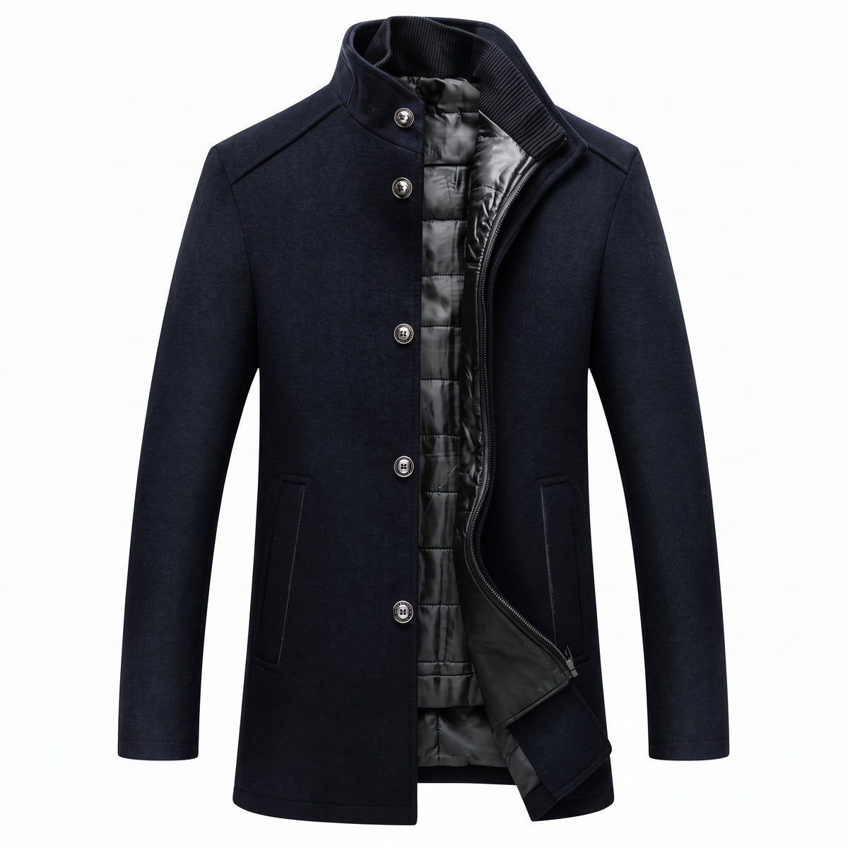 Longline Layered Overcoat with Detachable Quilted Vest in Dark Blue