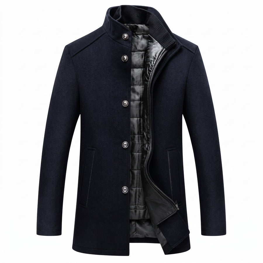 Longline Layered Overcoat with Detachable Quilted Vest in Dark Blue