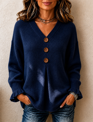 Thea | Soft Ribbed Jumper with V-Neckline - Navy Blue