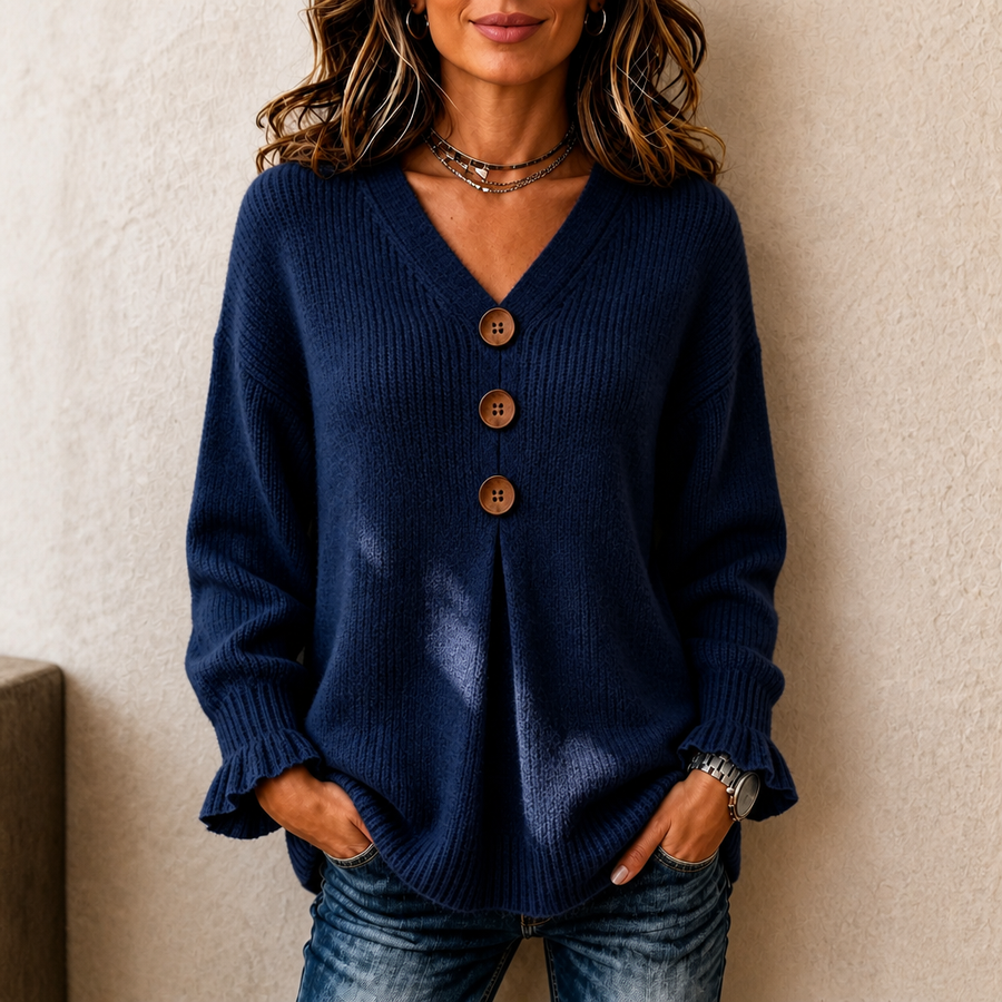 Thea | Soft Ribbed Jumper with V-Neckline - Navy Blue