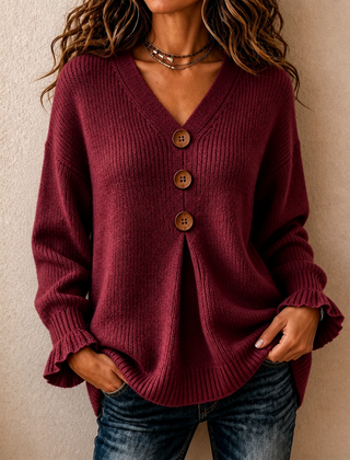 Thea | Soft Ribbed Jumper with V-Neckline - Burgundy