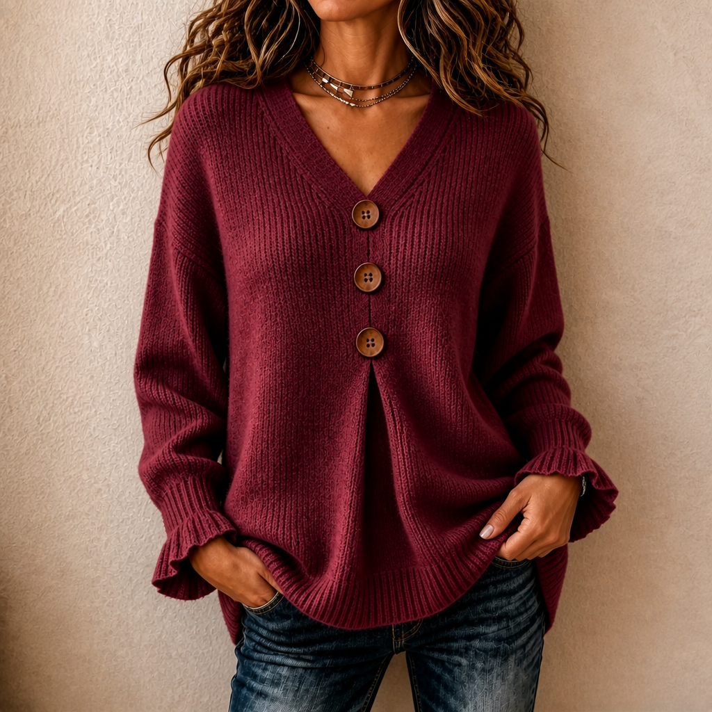 Thea | Soft Ribbed Jumper with V-Neckline - Burgundy