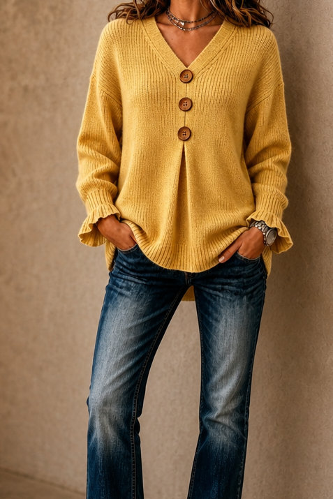 Thea | Soft Ribbed Jumper with V-Neckline - Orange