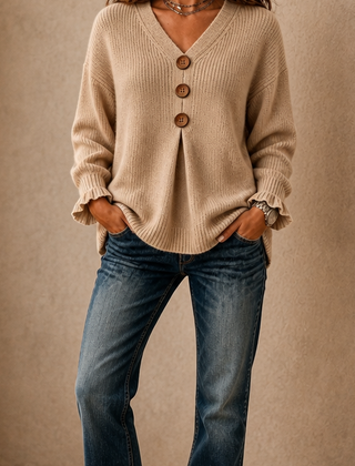 Thea | Soft Ribbed Jumper with V-Neckline - Khaki