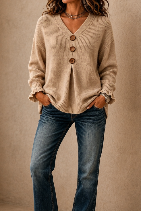 Thea | Soft Ribbed Jumper with V-Neckline - Khaki