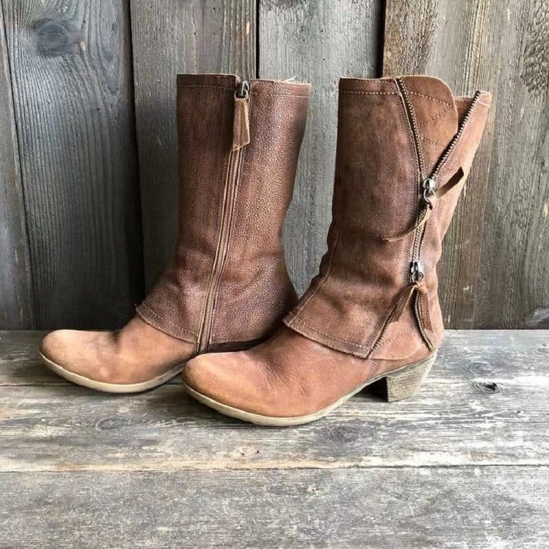 Tessa | Stacked Heel Mid-Calf Boots with Twin Side Zips