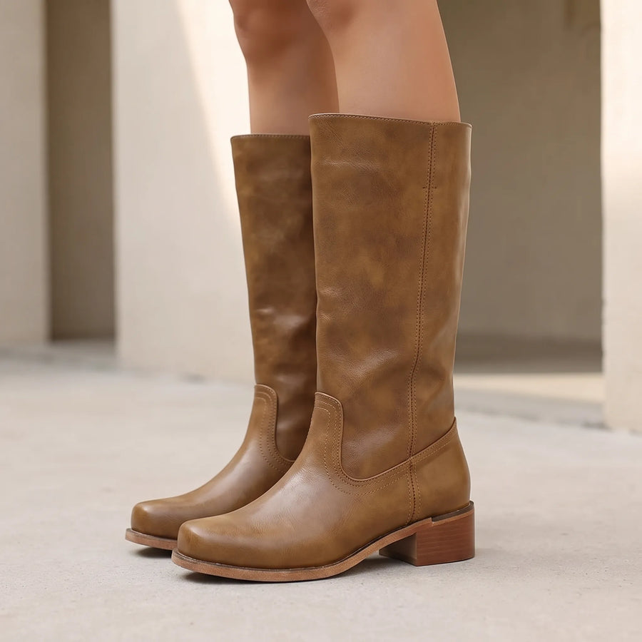 Velvea | Tan Knee High Boots With Block Heel