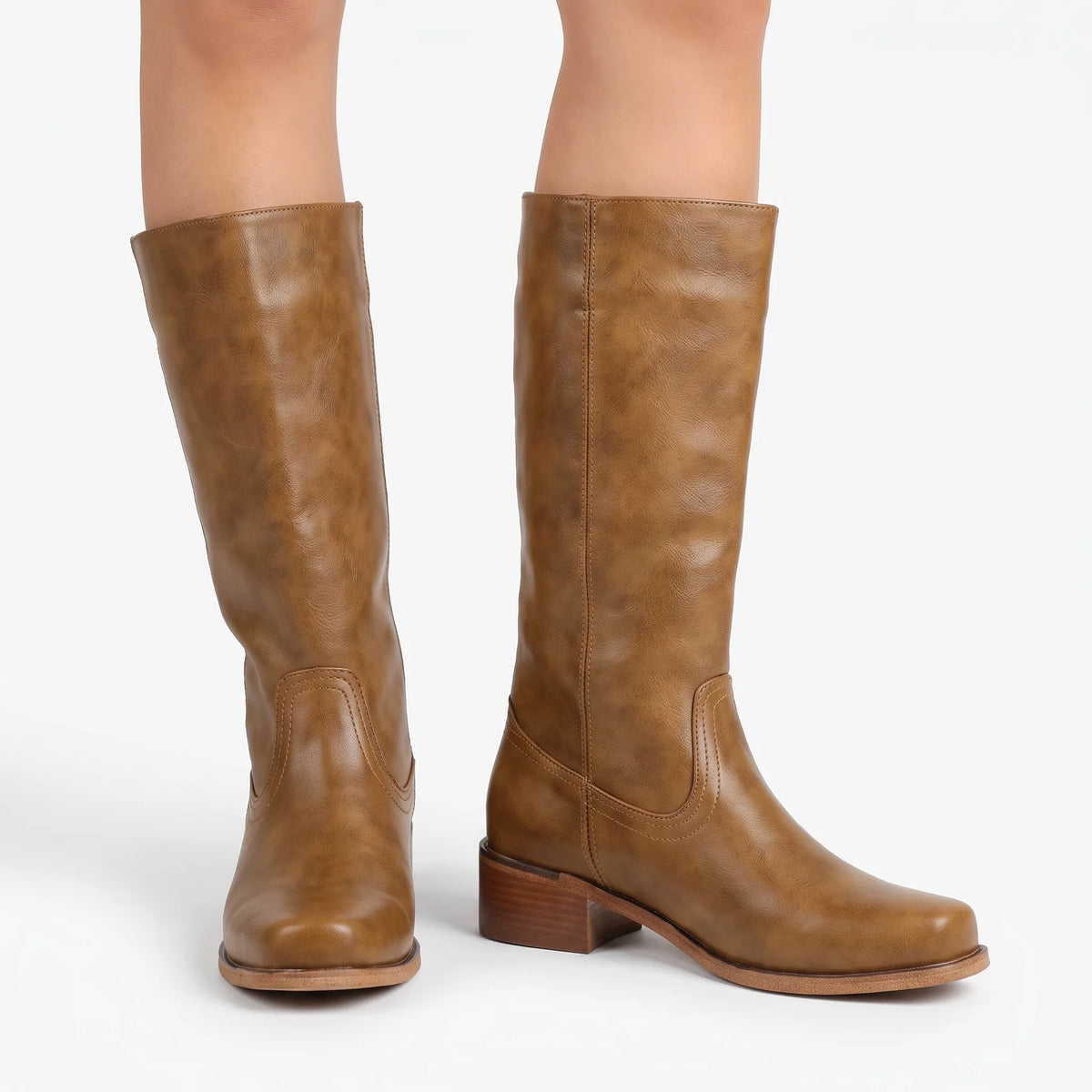 Velvea | Tan Knee High Boots With Block Heel