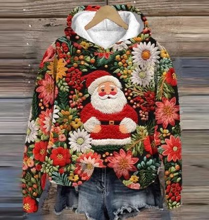 Belle | Relaxed Christmas Hoodie with Embroidered-Look Santa Print