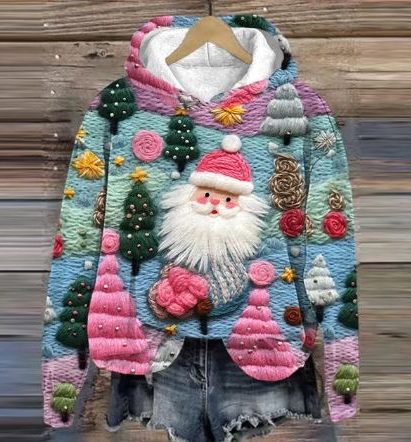 Belle | Relaxed Christmas Hoodie with Embroidered-Look Santa Print
