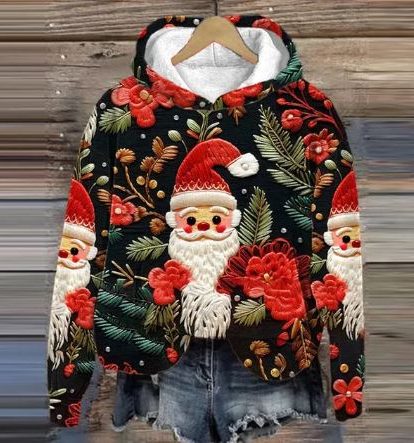 Belle | Relaxed Christmas Hoodie with Embroidered-Look Santa Print