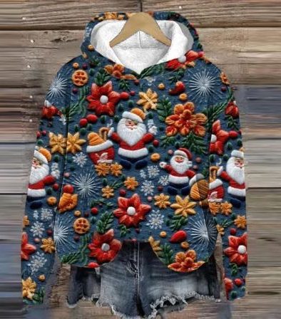 Belle | Relaxed Christmas Hoodie with Embroidered-Look Santa Print