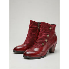 Wilhelmina | Ruched Block Heel Ankle Boots with Floral Buttons - Wine