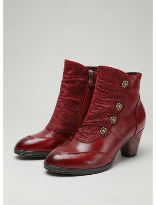 Wilhelmina | Ruched Block Heel Ankle Boots with Floral Buttons - Wine
