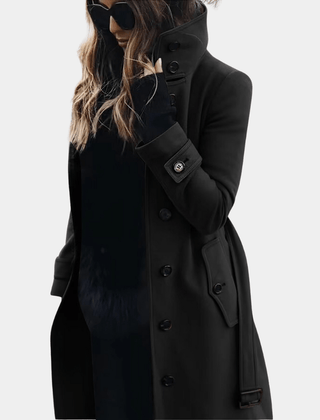 Belted Quilted Trench Jacket with Lapel Collar in Black