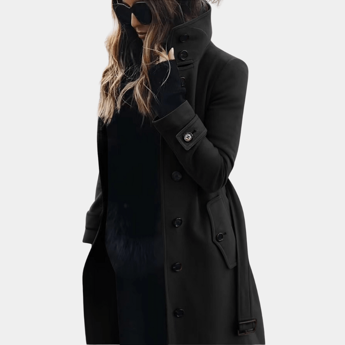 Belted Quilted Trench Jacket with Lapel Collar in Black