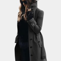 Belted Quilted Trench Jacket with Lapel Collar in Dark Grey