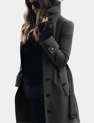Belted Quilted Trench Jacket with Lapel Collar in Dark Grey