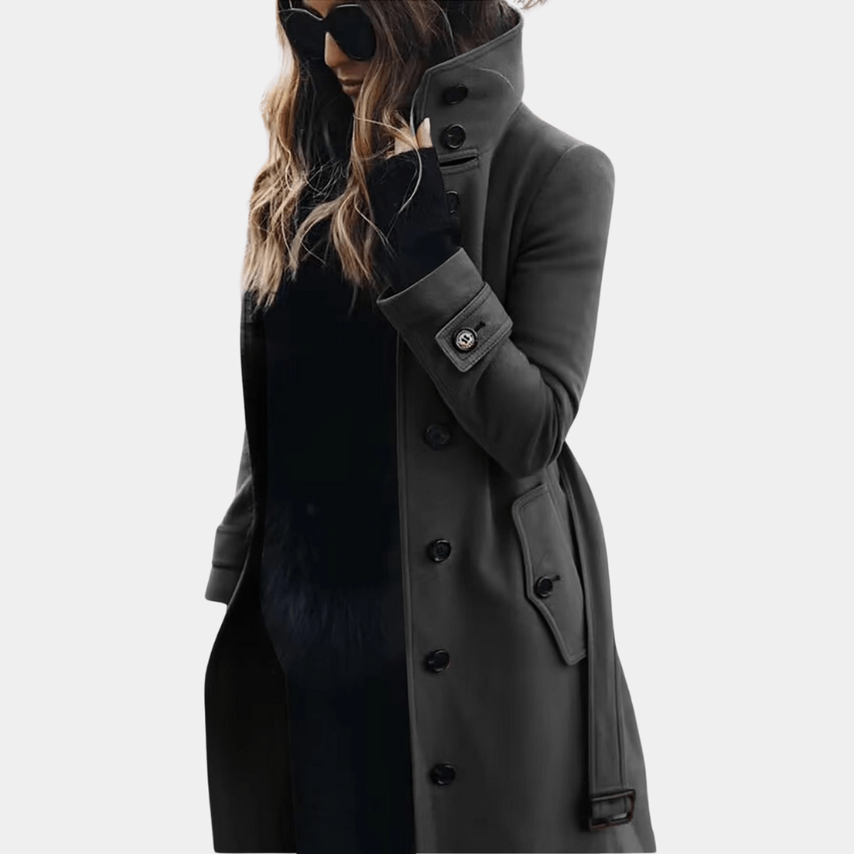 Belted Quilted Trench Jacket with Lapel Collar in Dark Grey