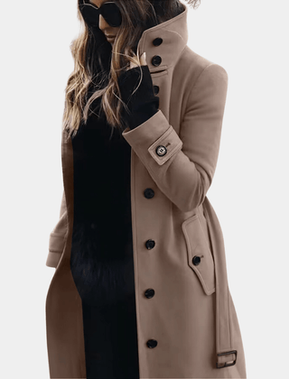 Belted Quilted Trench Jacket with Lapel Collar in Khaki