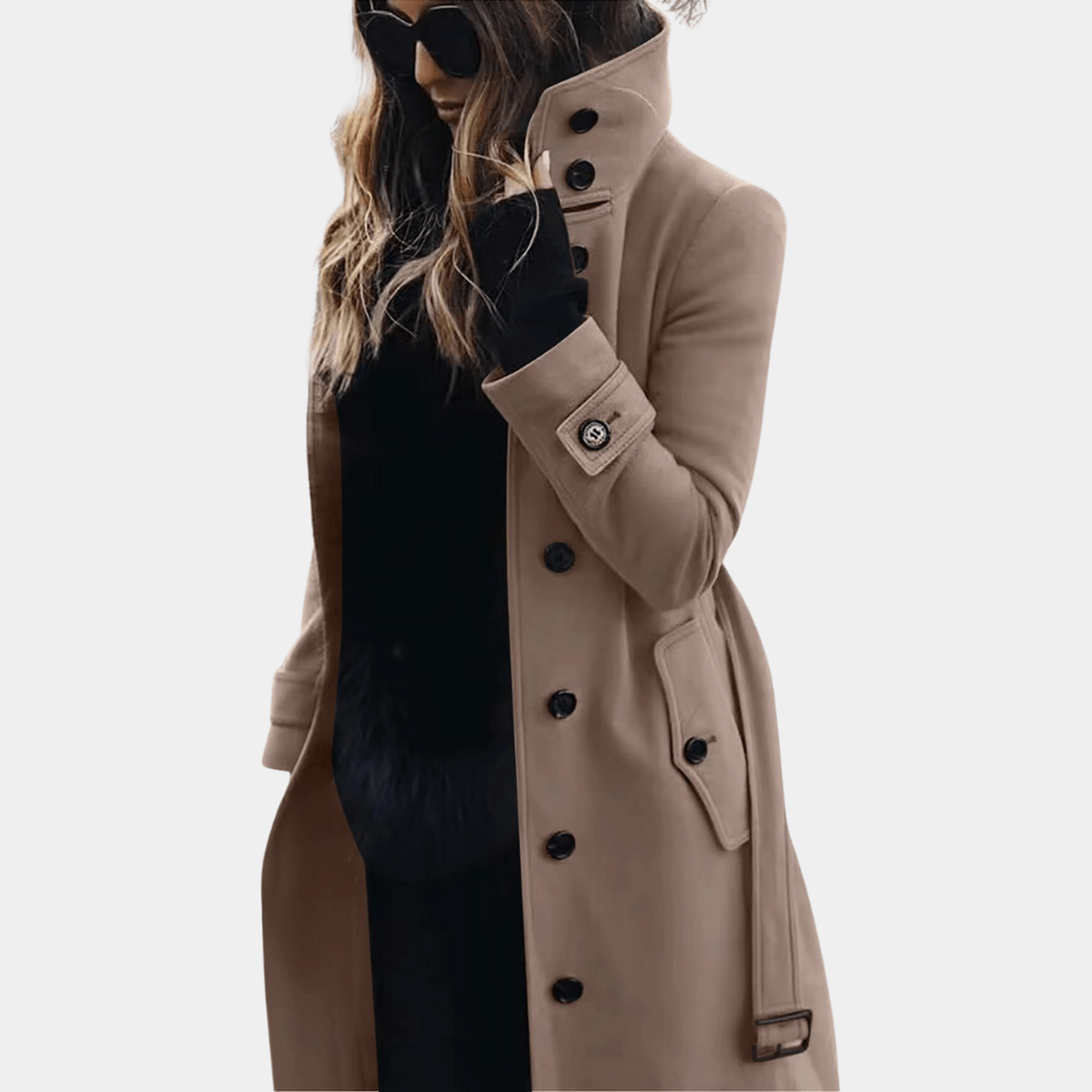 Belted Quilted Trench Jacket with Lapel Collar in Khaki